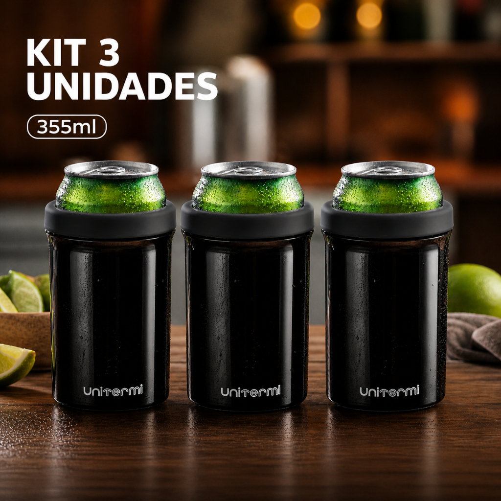 Porta Latas Térmico Kit 3 Unidades Preto Para Latinha Cerveja Refrigerante 350ml Padrão Unitermi Isotérmico