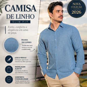 Camisa Social Masculina Manga Longa Linho Casual Luxo Slim Fit Estilo Moda Masculina