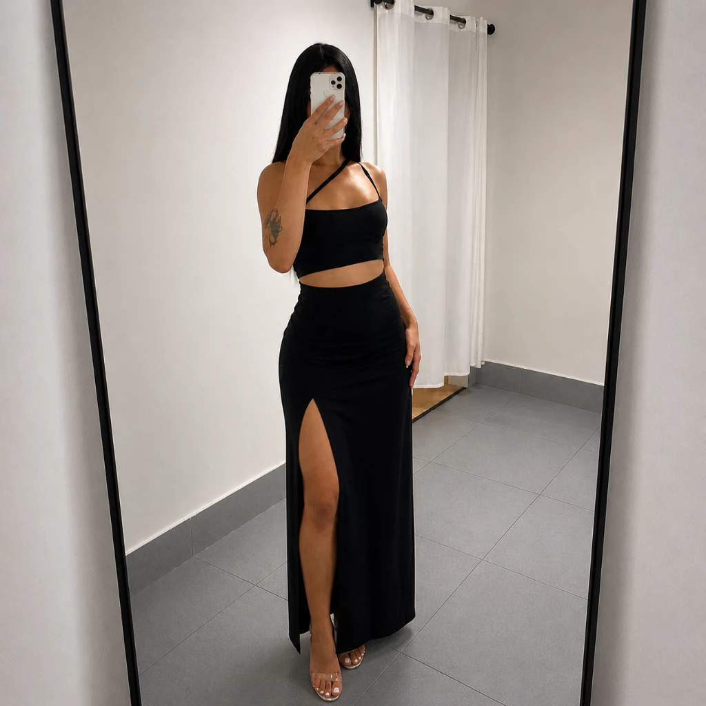 Conjunto Vênus Longo Alça Traspassável Saia Com Fenda Moda Gringa 2024 Suplex Premium Tendência (JOB)