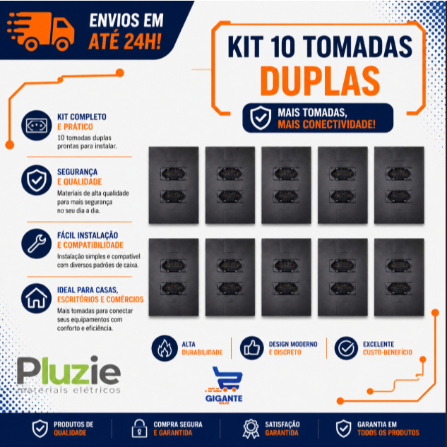 Kit 10 Tomada Dupla 10a Com Placa Presta fosco 4x2 Pluzie 1° Linha