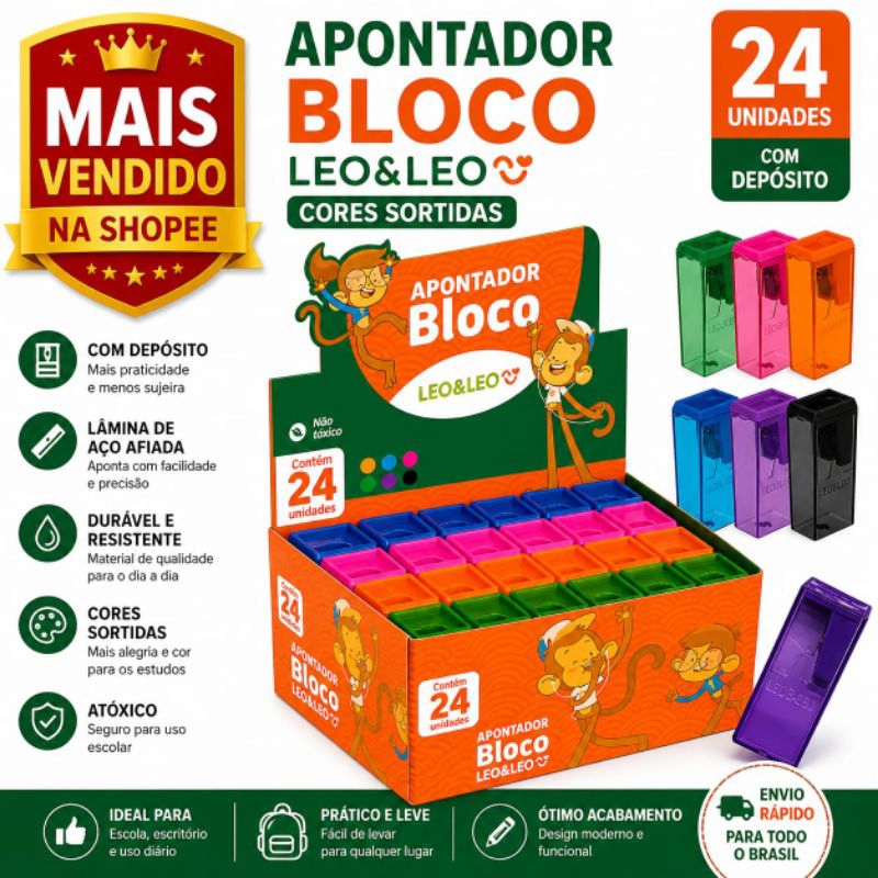 Kit 24 Apontador Leo Leo 6cm Escolar Colorido Lápis Atacado