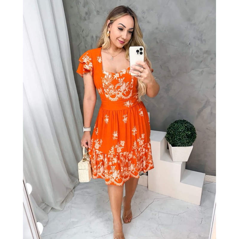 Vestido Curto Viscolinho Premium Estampado Floral Luxo Elegante Confortável Delicado