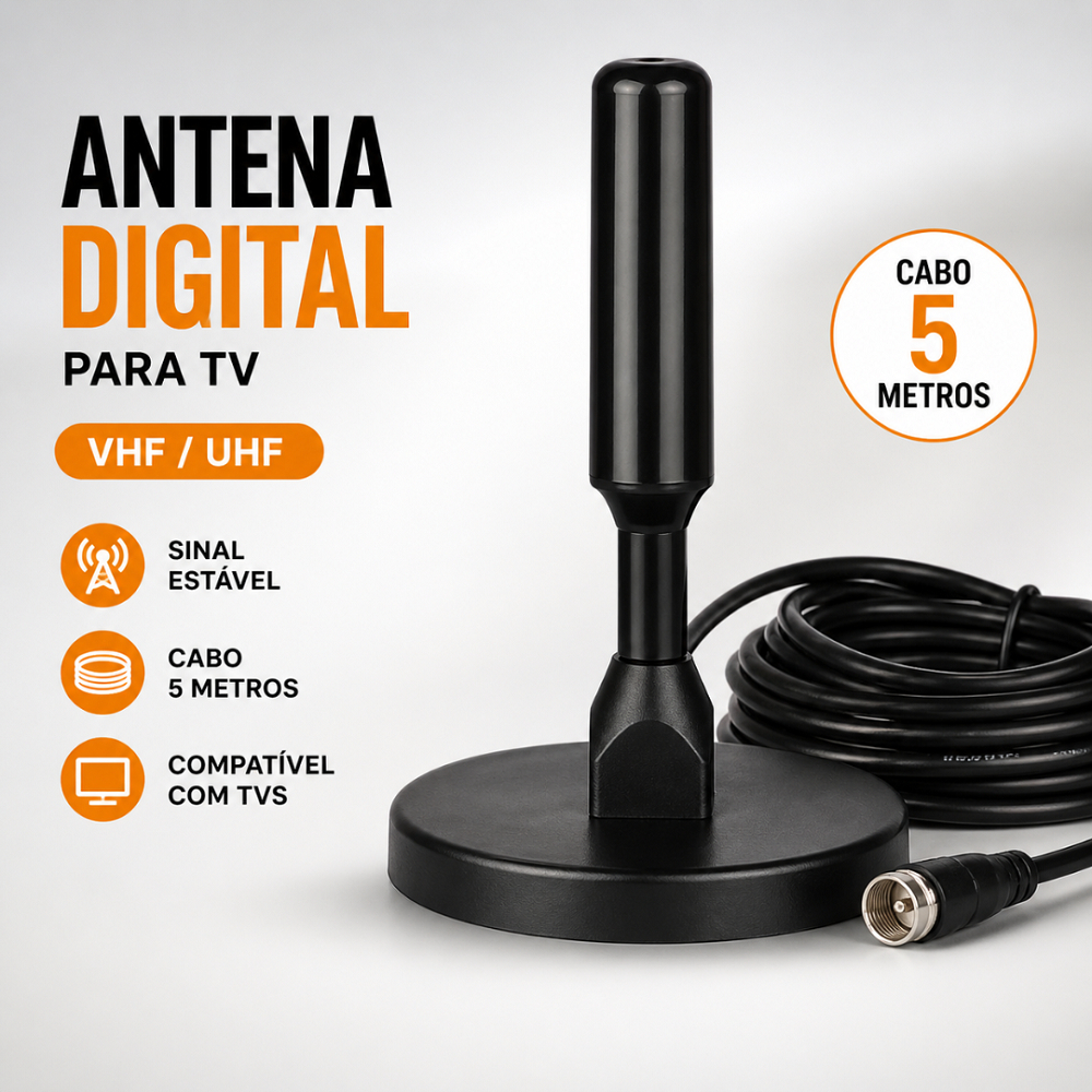 Antena Digital Interna TV VHF UHF Cabo 5 Metros Base Antiderrapante HDTV Sinal Estável Antena de TV Fácil Instalação