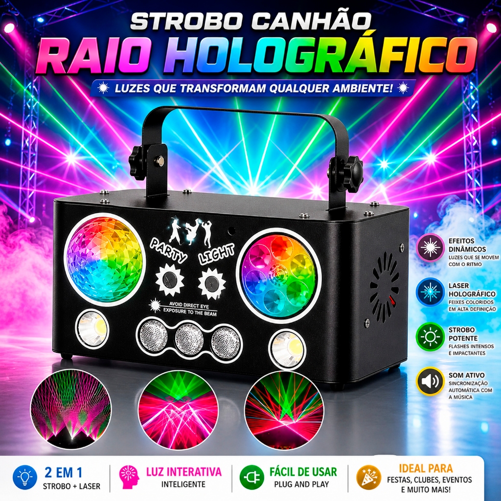 Canhão Strobo Multi Raios Laser Projetor Holográfico 5 em 1 Efeito DMX para Festas Baladas