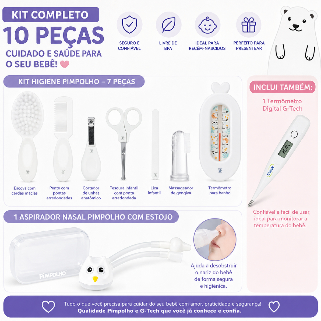 Kit Cuidados com o Bebê Pimpolho e G-Tech – 10 Itens Essenciais para Recém-nascido