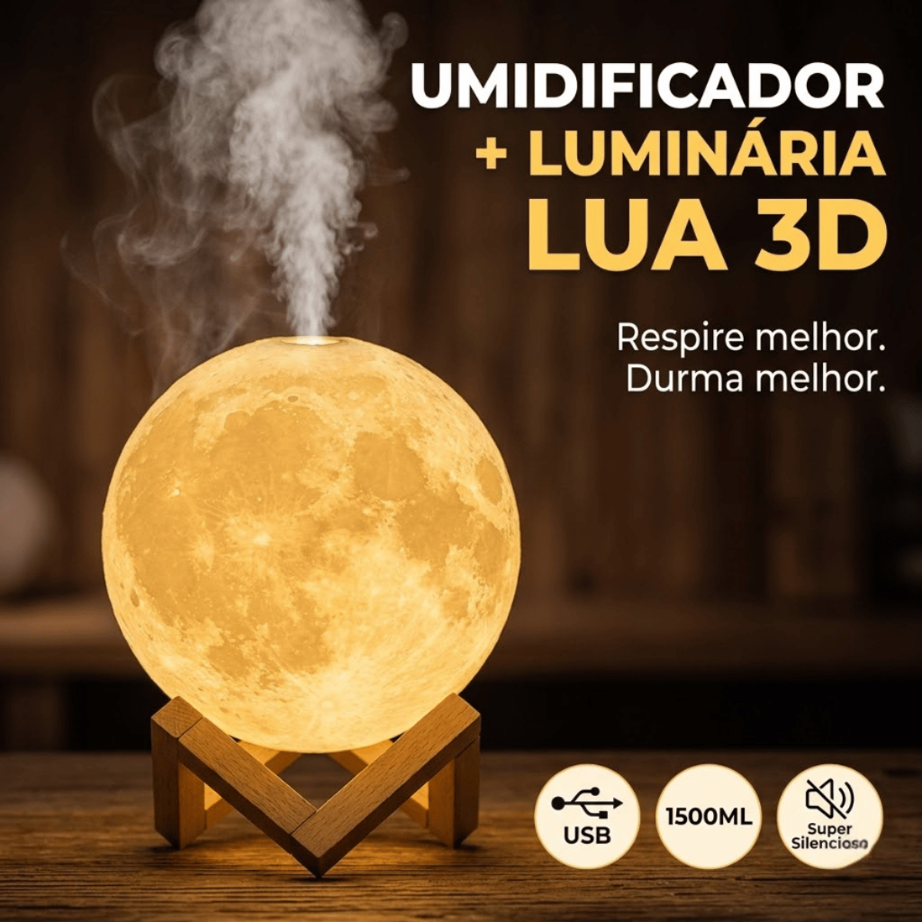Luminária Umidificador Lua 3D 1500 ml Led USB Silencioso Hidrata o Ar e Decora seu Quarto