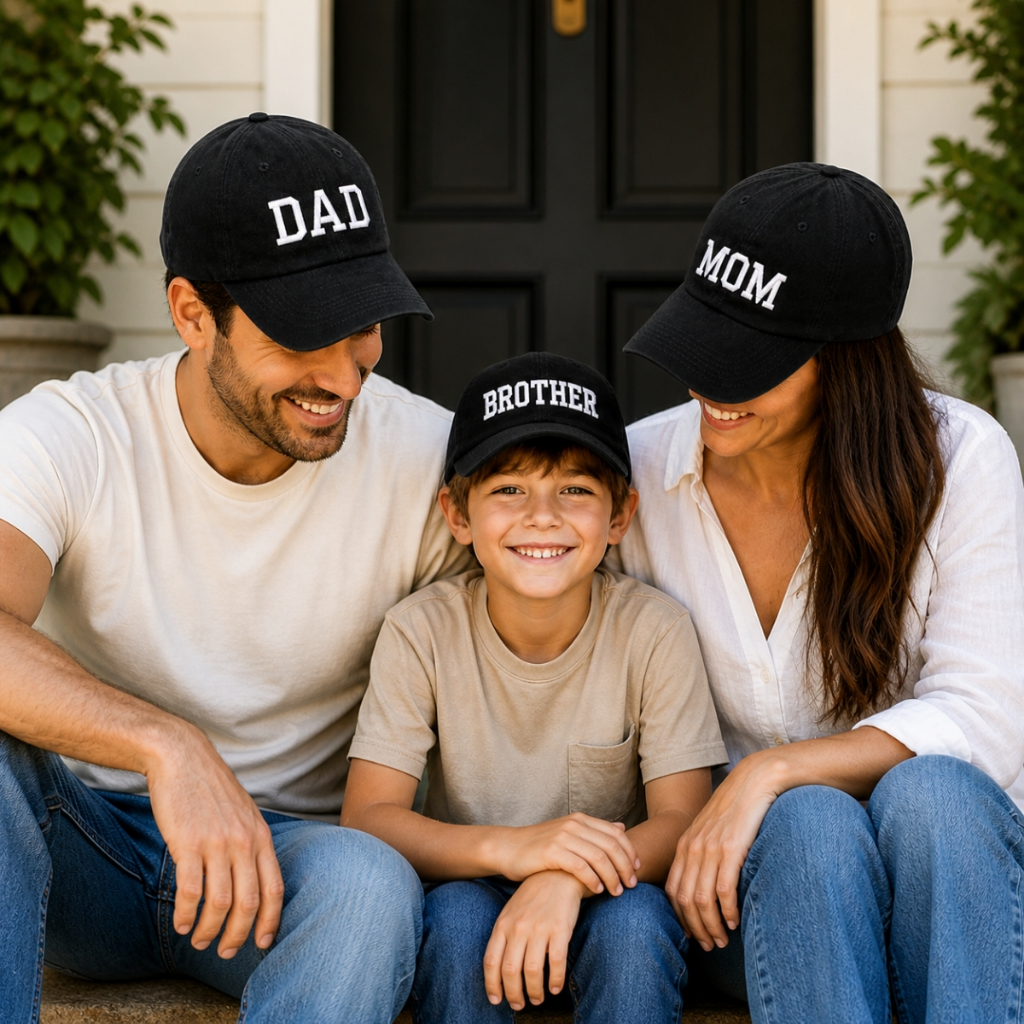 Kit 3 Bonés Dad  Mom e Brother Pai Mãe Irmão Beisebol Bordado Retrô Unissex Com Regulagem Algodão Macio Estiloso