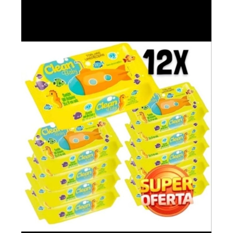 Caixa 12 Pacotes Toalhas Umedecidas Clean Baby com 100 cada, Sem álcool etílico, parabenos e proteína do leite,