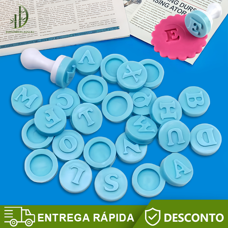 Kit 26 Carimbos Marcador ejetor letras e números pasta americana