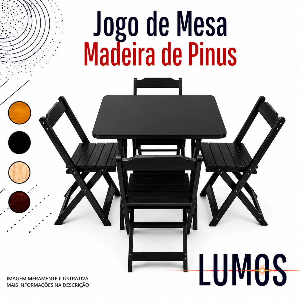 KIT JOGO DE MESA MADEIRA DOBRÁVEL 70X70 COM 4 CADEIRAS - BAR RESTAURANTE ÁREA GOURMET