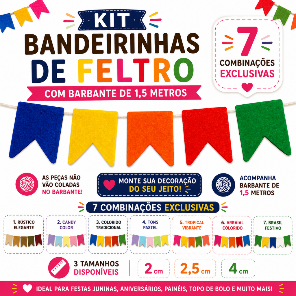 Kit Bandeirinhas de Feltro com Barbante 1,5m | Decoração Festa Junina | 2cm 2,5cm e 4cm | Cores Exclusivas