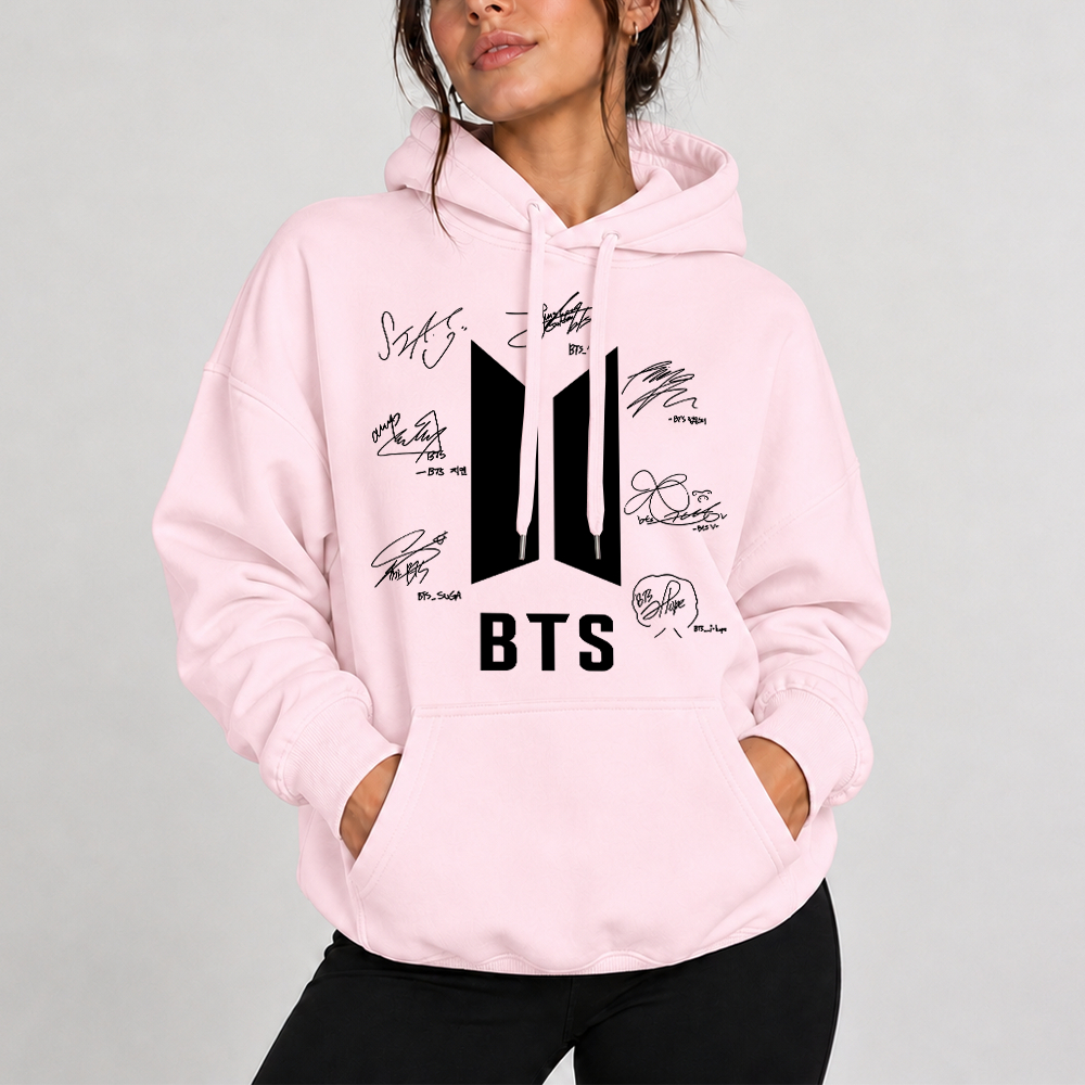Blusa de Frio Moletom Canguru Capuz Algodão BTS Grupo K-pop Boy Band Símbolo Autógrafos Army Streetwear