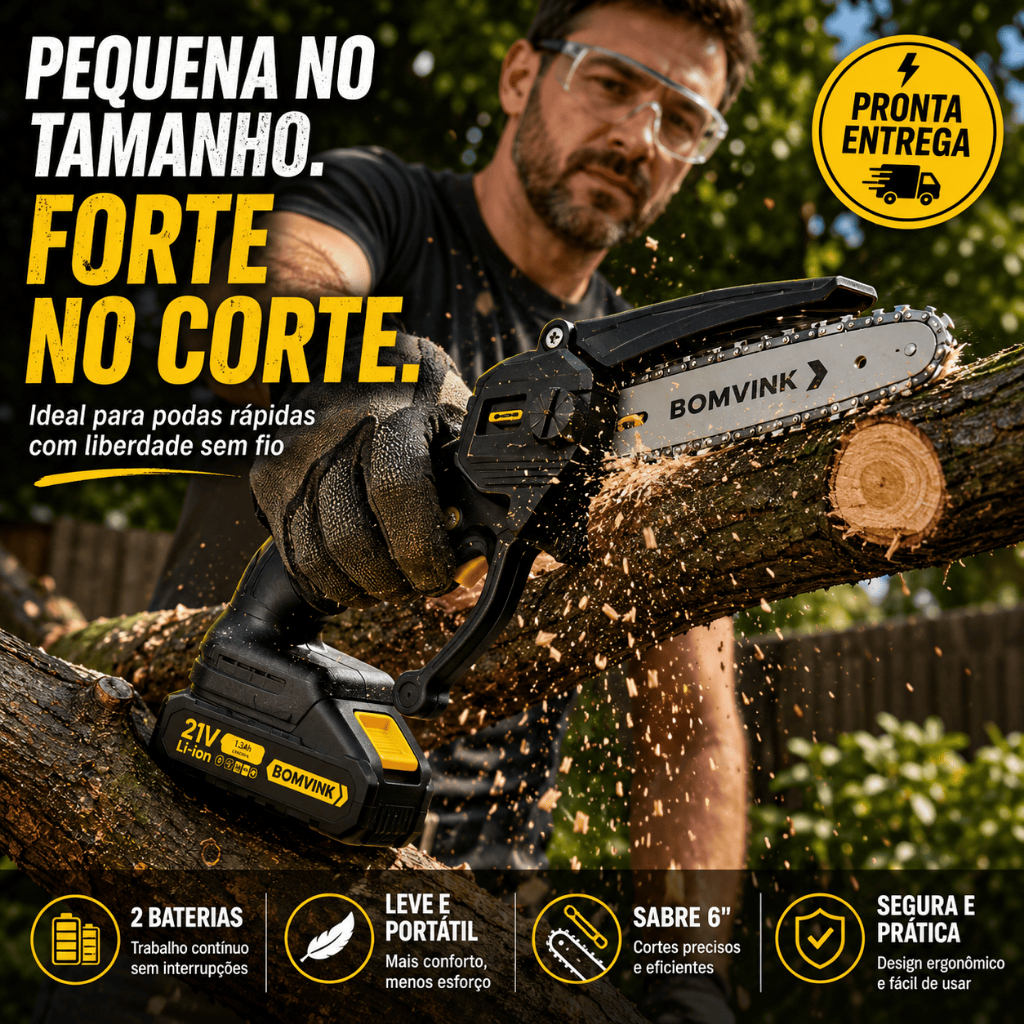Mini Motosserra Podar Com 2 Baterias Elétrica 1200w Bivolt Bomvink