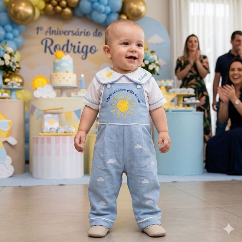 Conjunto Jardineira e Camisa Personalizada  Bordada bebê aniversário temática
