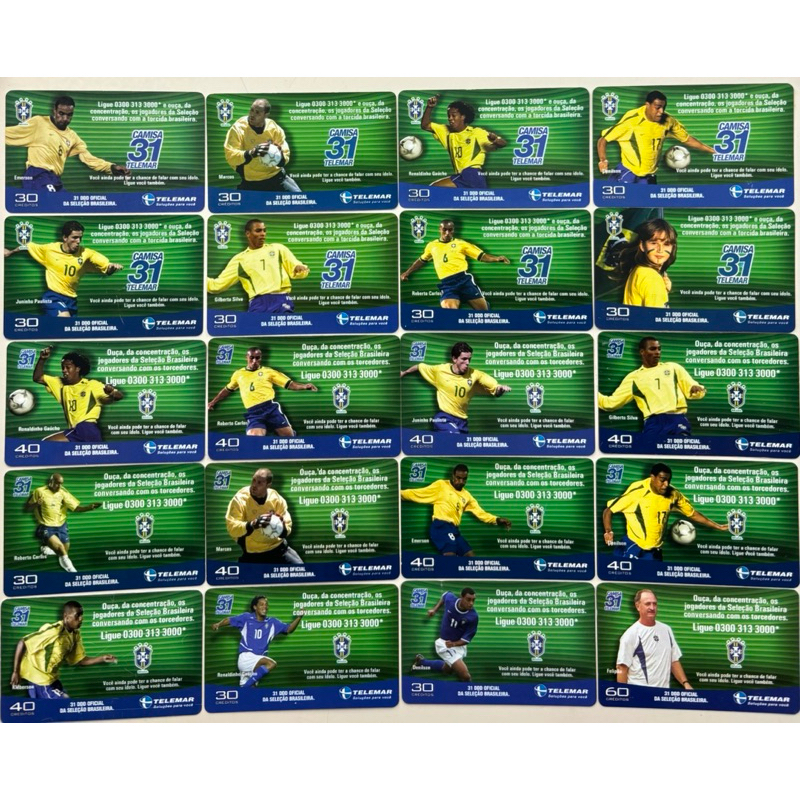 Lote / Série cartões telefônicos Telemar, Cartões da Seleção Brasileira (33 cartões).