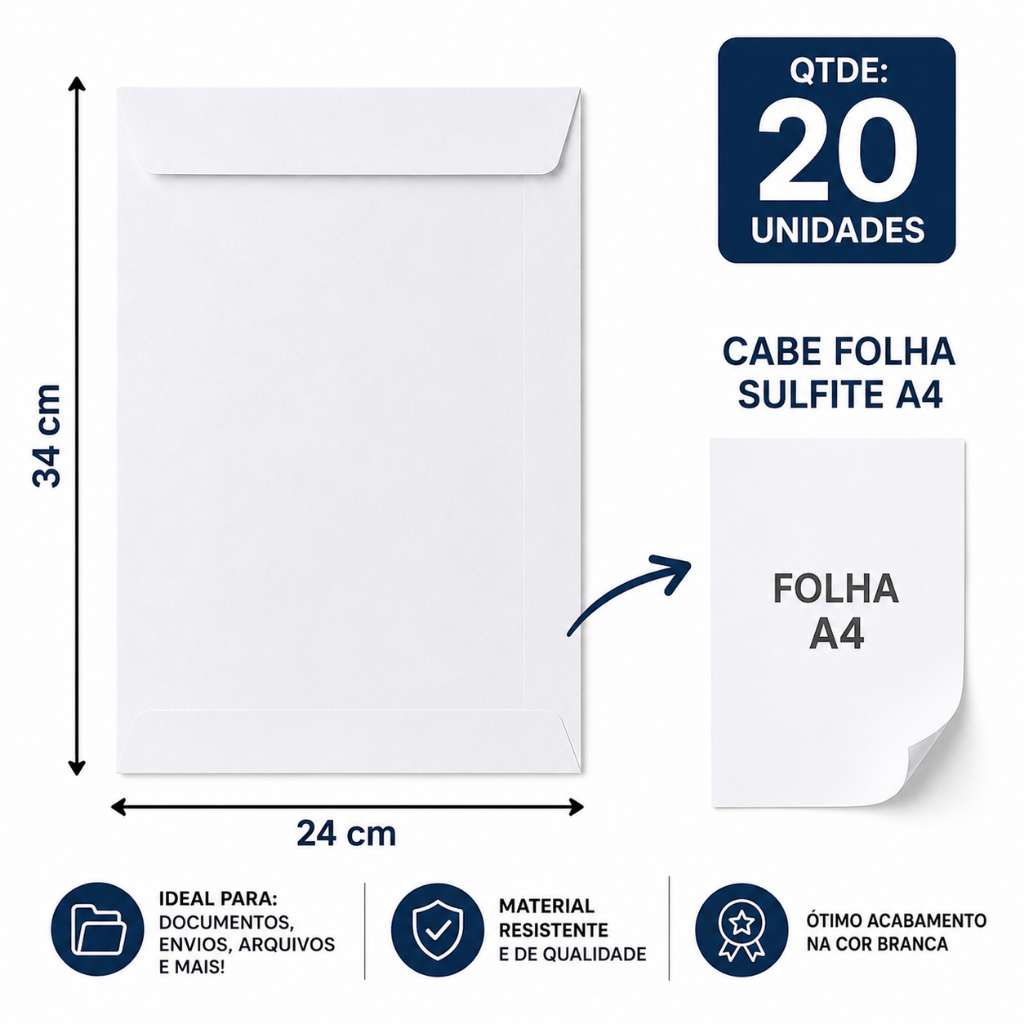 Envelope Saco 24x34 cm Branco 90g pacote c/20envelopes