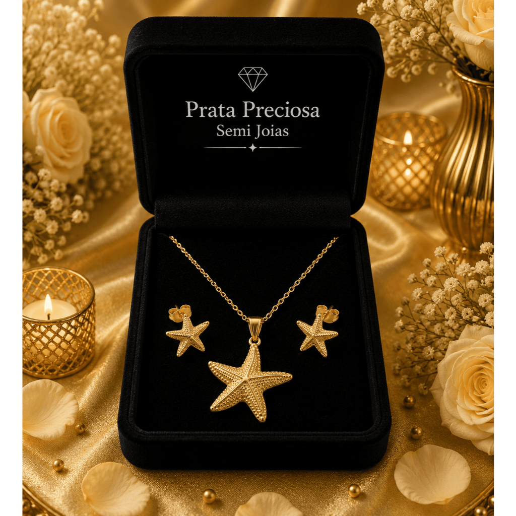 Conjunto Colar e Brincos Estrela do Mar Dourado - Folheado Moda Praia Verão Sereia Tendência