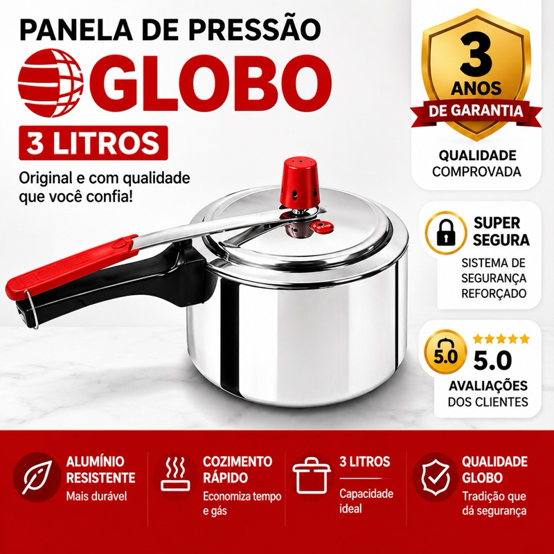 Panela de Pressão em Alumínio 3 Litros Globo. 3 Anos de Garantia