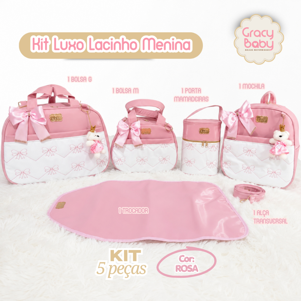 Kit Bolsas Maternidade Luxo Lacinho (menina) | Coroa (menino) 5 peças