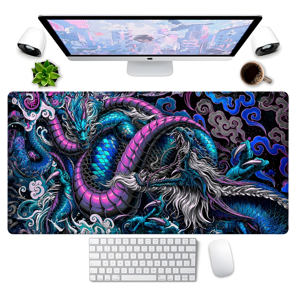 Mouse Pad Gamer Dragão e Samuray Borda Costurada Antiderrapante