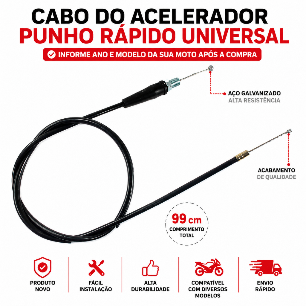 Cabo Acelerador Universal Punho Rápido Moto 99cm Aço Galvanizado