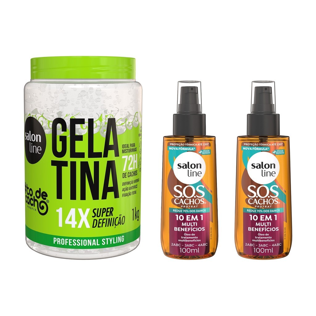 Kit Gelatina #todecacho Super Definição + 2 Óleos SOS Cachos 10 em 1 Multibenefícios
