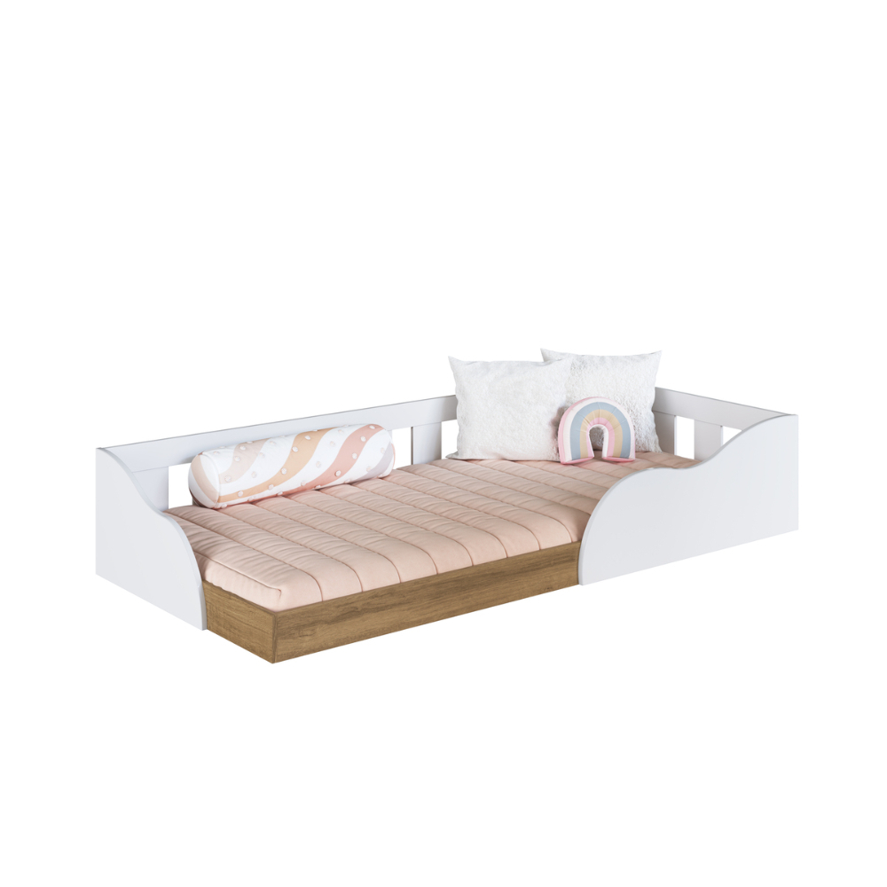 Cama Montessoriana Infantil Solteiro com Proteção Lateral CM6080 Branco e Marrom - Art In Móveis