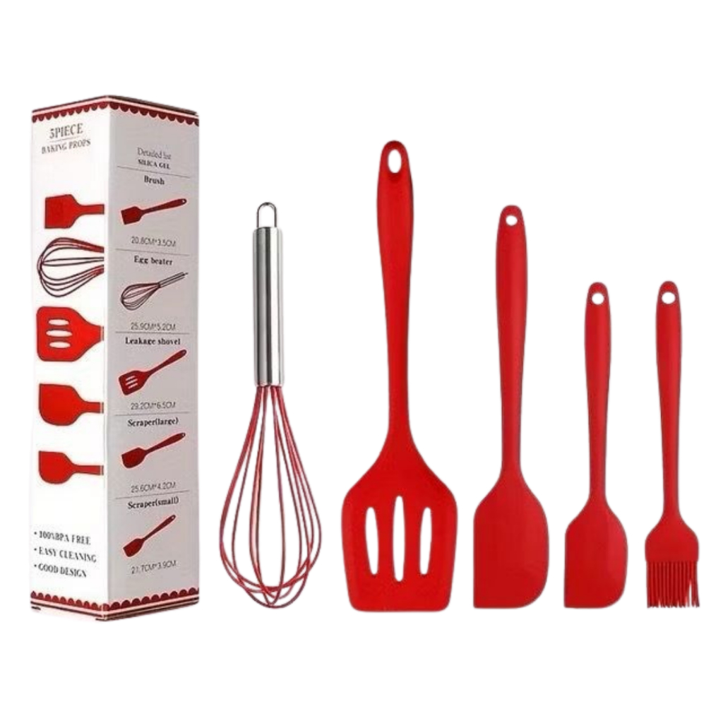 Kit Utensílios de Cozinha Silicone 5 Peças Espátulas Pincel Fouet Antiaderente Resistente ao Calor Vermelho