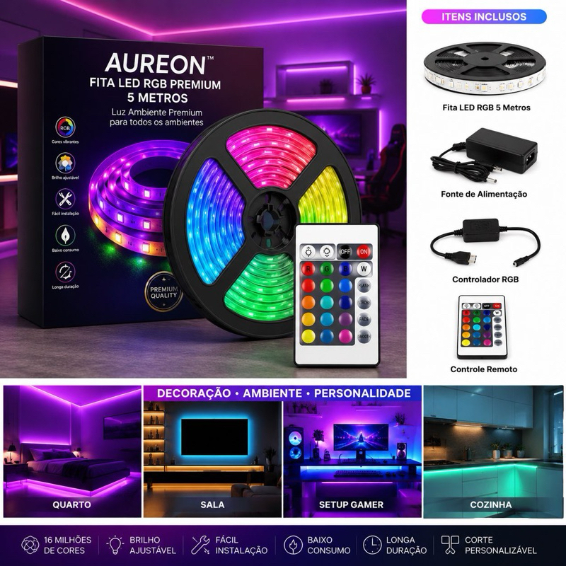 ✨ AUREON™ Fita LED RGB Completa 5M com Controle + Fonte | Luz Ambiente Premium