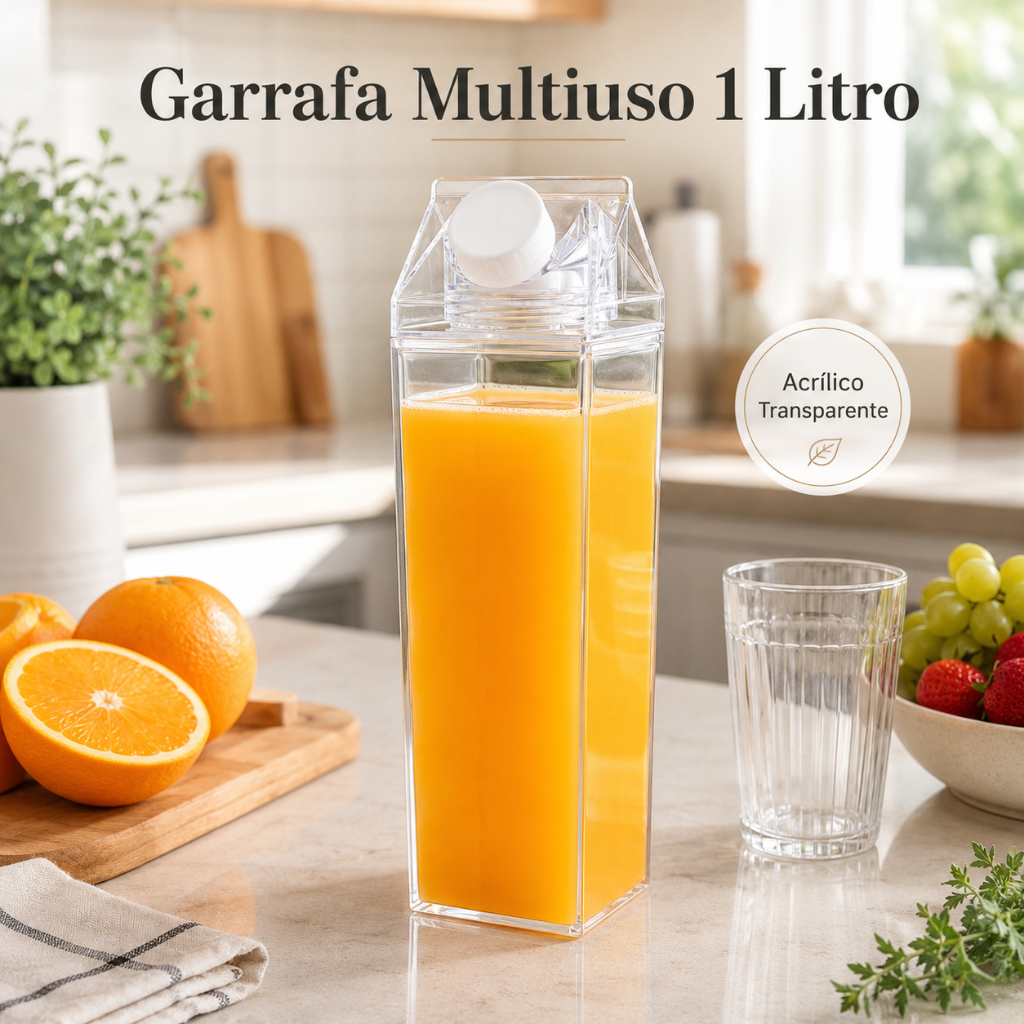 Garrafa Acrílica 1 Litro Transparente com Tampa Multiuso Água Suco Leite Chá Geladeira e Mesa