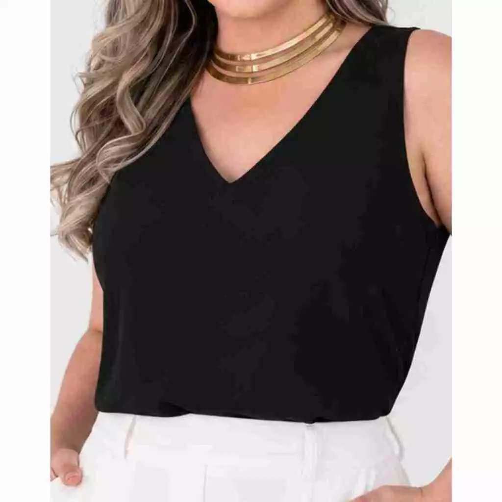 Blusa Regata Feminina Gola V Básica Tecido Duna Com Forro Versátil para Passeio e Trabalho — imagem 1