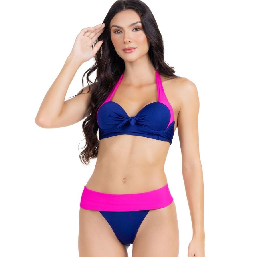 Biquíni Feminino Hot Pant Cintura Alta Modeladora Bicolor Com Bojo Meia Taça Moda Praia Tendência