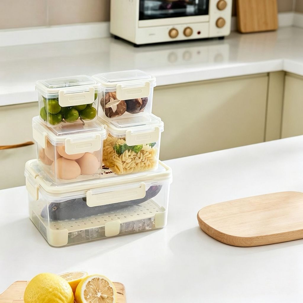 Kit 5 pcs Potes Organizadores Herméticos para Geladeira com Cesto Drenante Armazenamento de Alimentos com Tampa e Trava