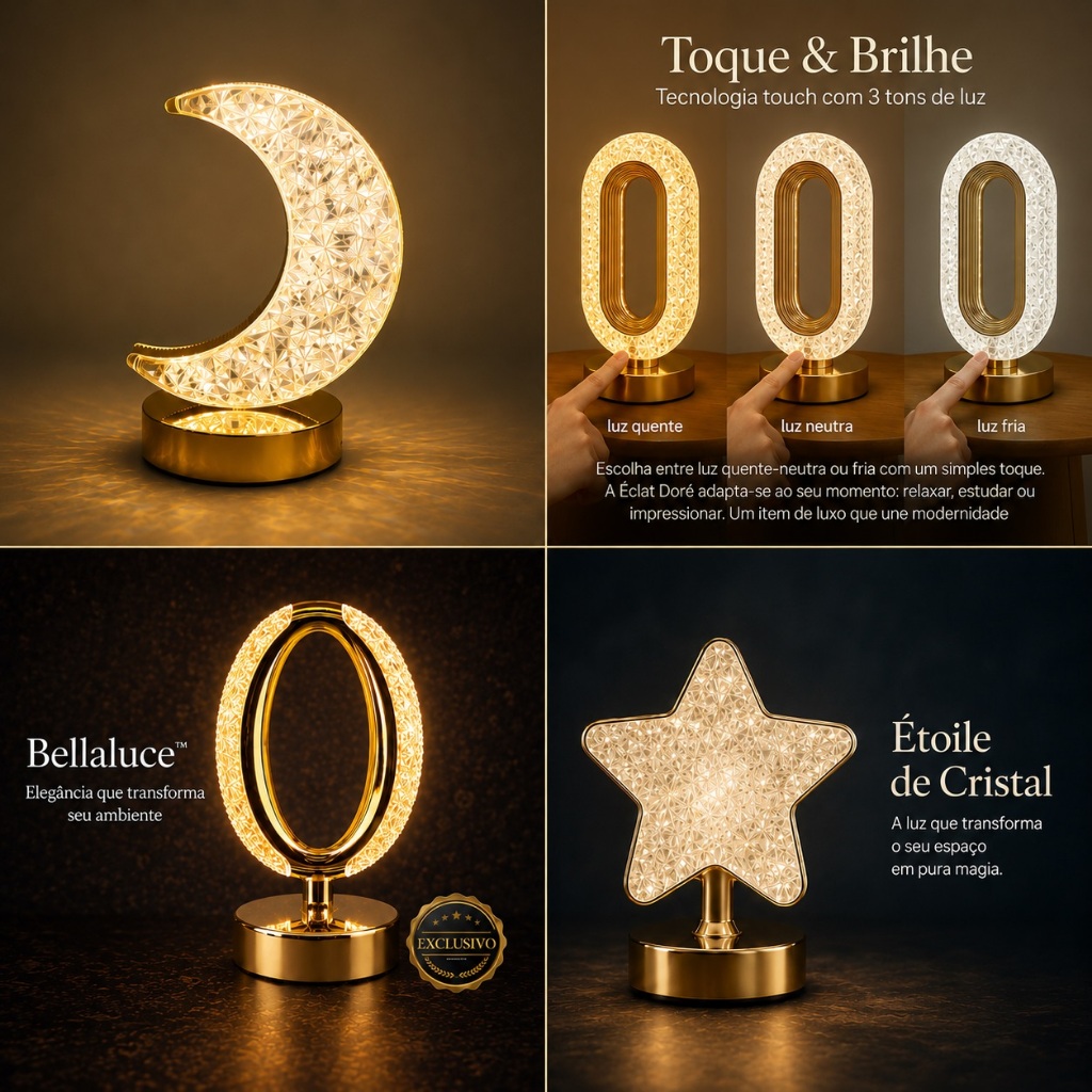 Luminária Abajur de Mesa Cabeceira Quarto Retrô Estrela Lua Oval Cristal Led Touch USB Bivolt