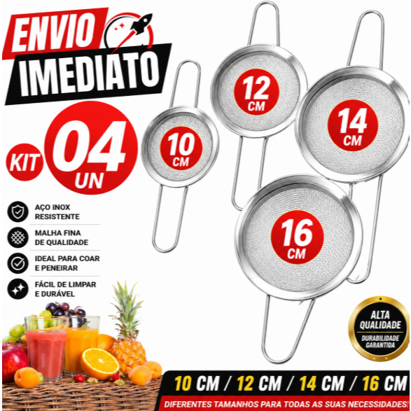 KIT 4 Peneiras Inox Malha Fina 10/12/14/16 CM – Resistente Multiuso para Cozinha e Sucos