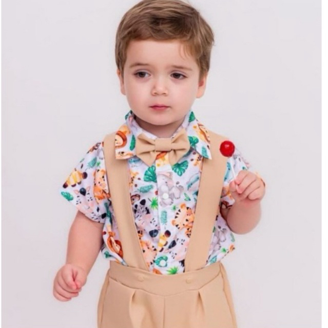 Conjunto Infantil Temático com Suspensório e Gravata Safari