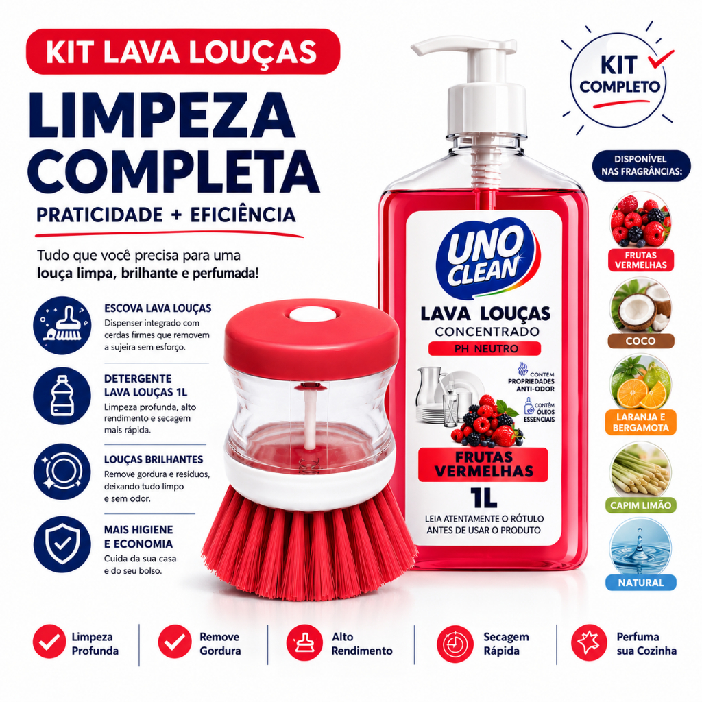 Detergente Lava Louças Concentrado Premium 1L + Escova Com Recipiente Multiuso Dispenser Detergente