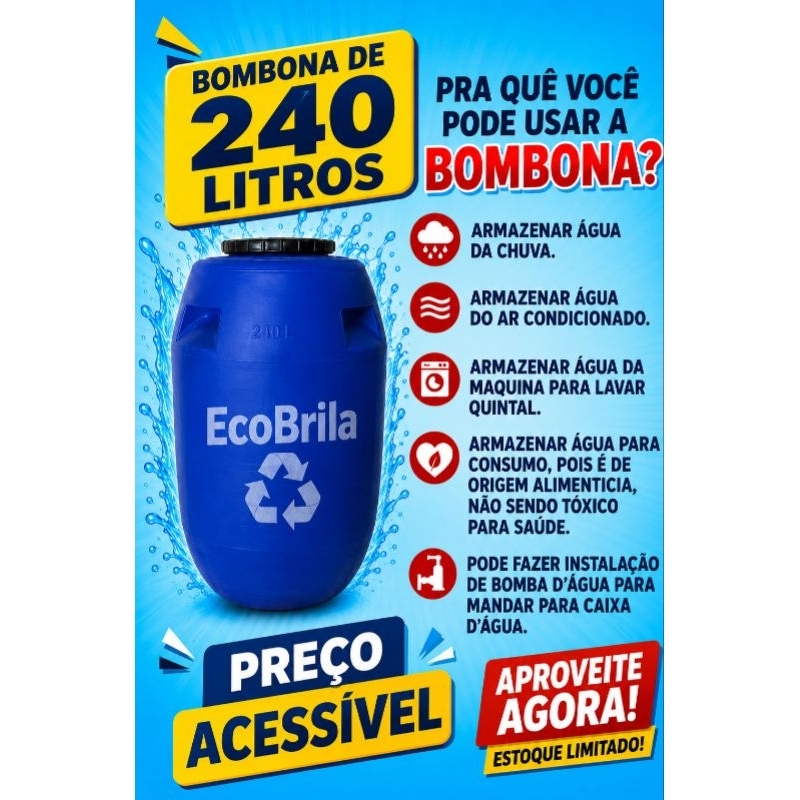 Bombona / tambor 240 litros Eco Brila reservatório água chuva tampa removivel com ou sem torneira