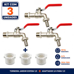 Torneira Jardim Esfera 1/2 Com Adaptador 3/4 Para 1/2 | 3 Unidades | Metal Resistente Para Mangueira Tanque Lavanderia