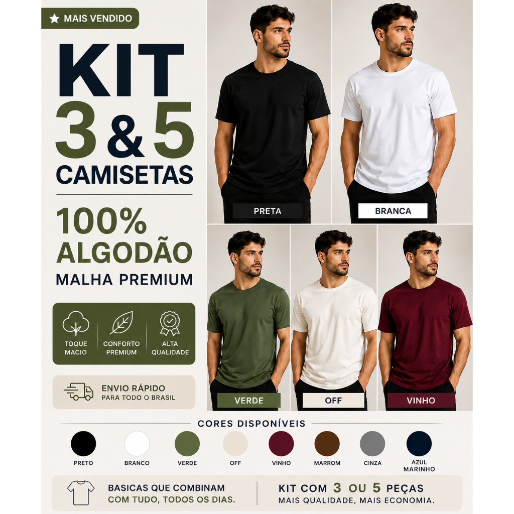 Kit 3 e 5 Camisetas Masculinas Algodão Premium Lisa Básica Confortável Cores Variadas P ao GG
