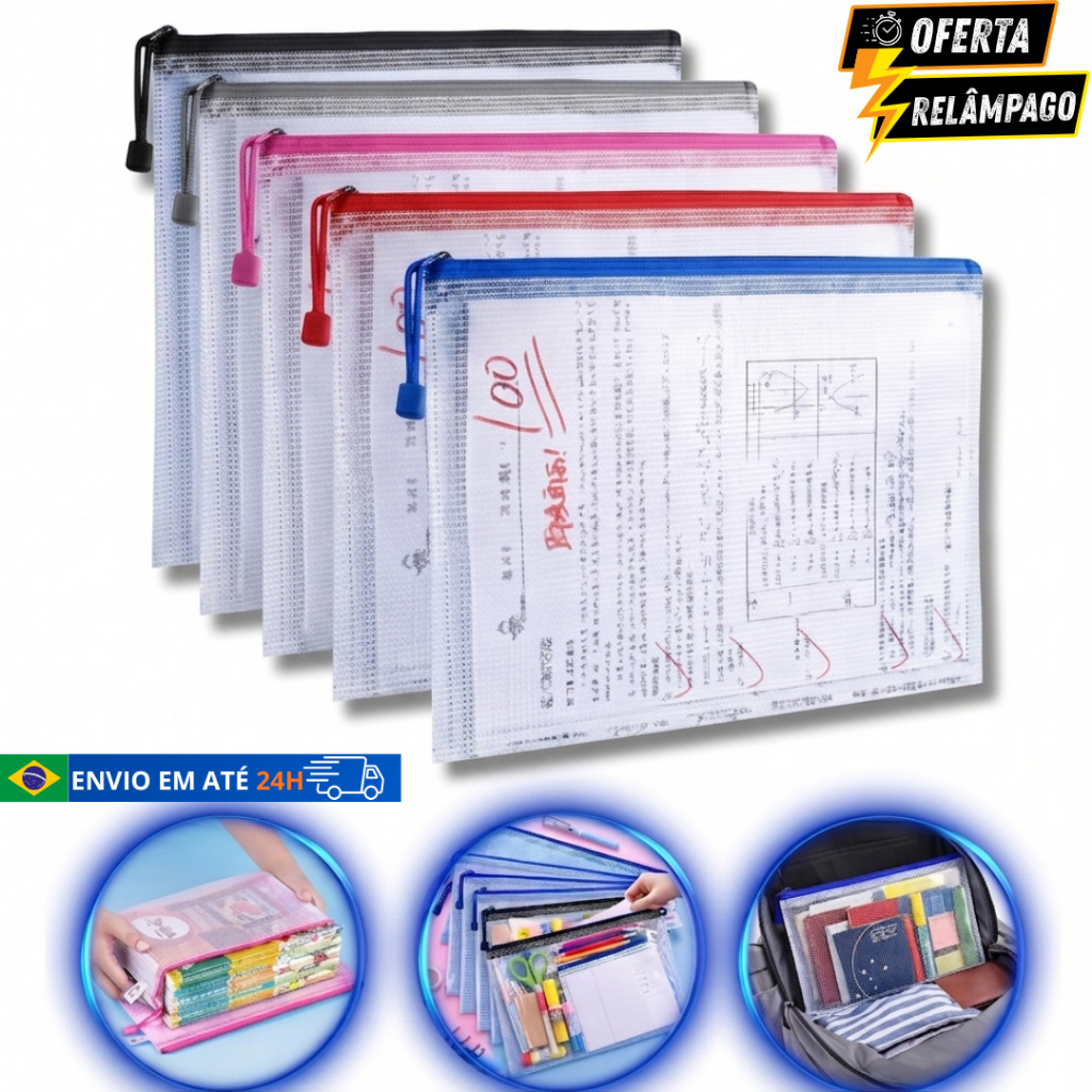 Kit 5/10/15/20 Pasta Organizadora de Documentos A4 Plástico PVC com Ziper Material Escolar Saco Maternidade