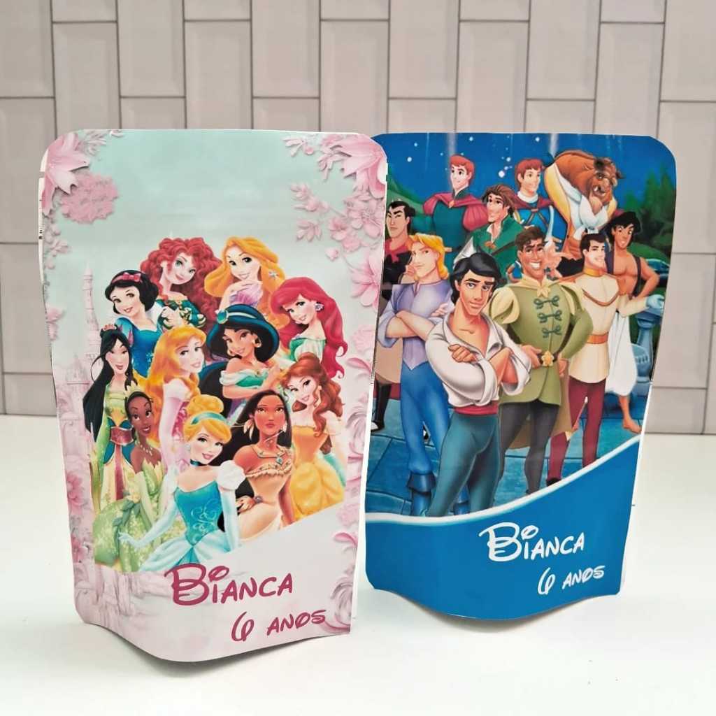SAQUINHO METALIZADO ZIPLOCK PERSONALIZADO PRINCESAS DISNEY /PRÍNCIPES DISNEY /LEMBRANCINHA DE FESTA /ANIVERSÁRIO