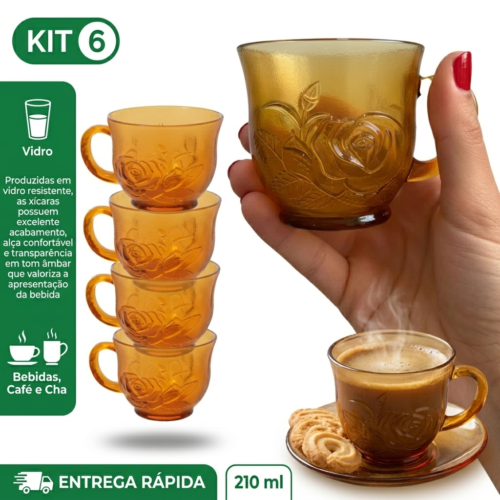Kit Jogo 6 Xícaras Âmbar de Vidro 210ml Com Desenho Trabalhado de Rosas para Chá e Café