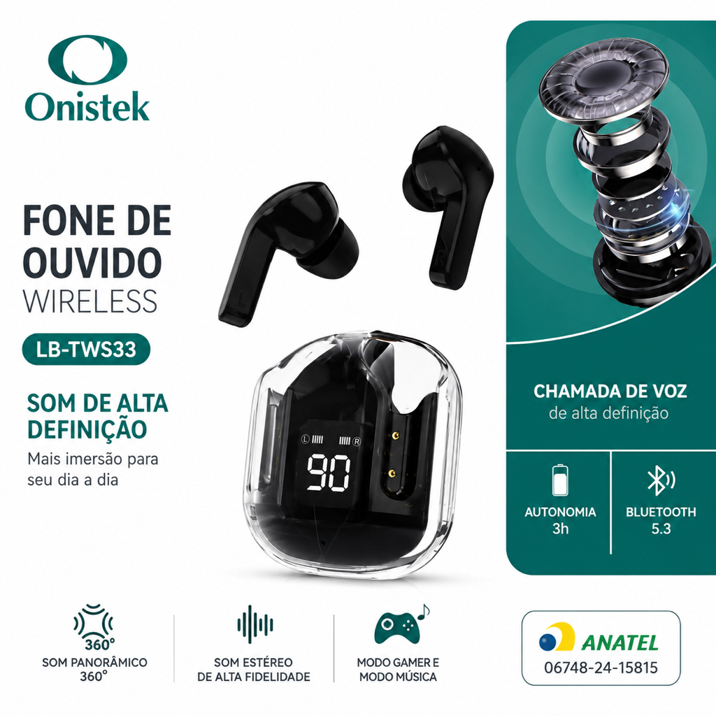 Fone De Ouvido Sem Fio Bluetoth 5.3 Tws Resistente Água Suor Academia Onistek Ligação Corrida IOS Android