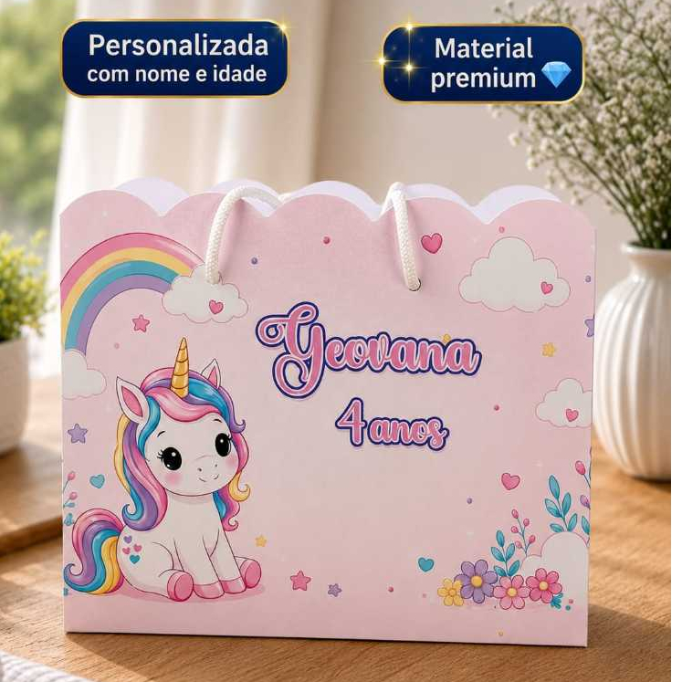Sacolinha Personalizada Unicórnio com Nome e Idade | Lembrancinha de Aniversário
