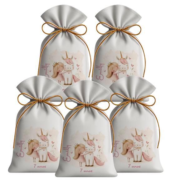 Kit 10 Saquinhos Sacolinhas Lembrancinha  Aniversário Tecido Personalizado Princesa e o Unicórnio