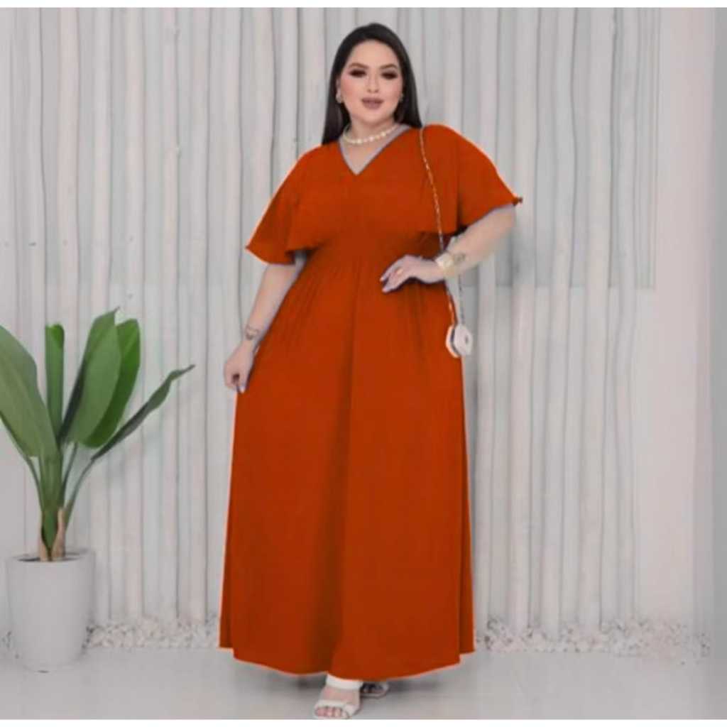 Vestido Longo Plus Size Sofisticado Manga Fluida Decote V Luxo Feminino
