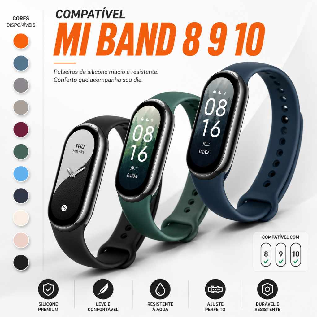 KIT 3 Pulseira De Silicone Para Smartwatch Xiaomi Mi Band 8 Compatível com MiBand 9 Sport MI Band 10