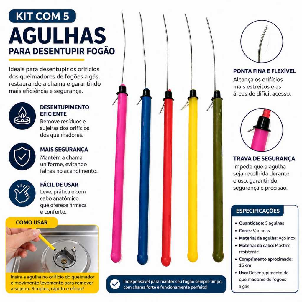 Kit Agulhas para Desentupir Fogão - KIT com 5/10/20/50