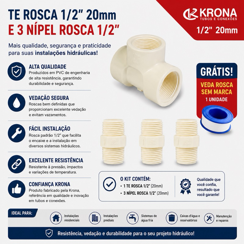 Adaptador Tee 1/2 Para torneira Monocomando 3 Nipel 1/2 Hidraulica Alta Resistencia